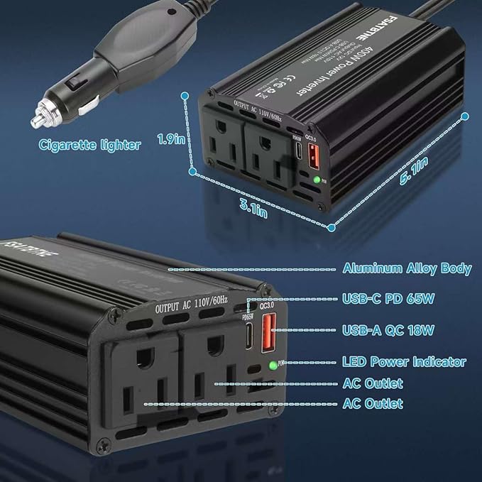 400W Power Inverter, FSATBTNE DC 12V to 110V AC Car Plug Adapter Outlet Converter with [65W PD USB-C] & [18W QC USB-A] Fast Charging Ports and 2 AC Outlets Car Power Inverters for Vehicles Black