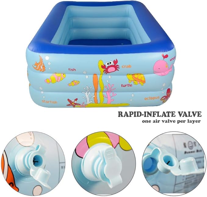 Inflatable Pool with Inflatable Soft Floor, Kiddie Pool 59" x 43" x 20" Ocean World Kids Swimming Blow Up Pool for Kids, Backyard, Garden, Outdoor, Party