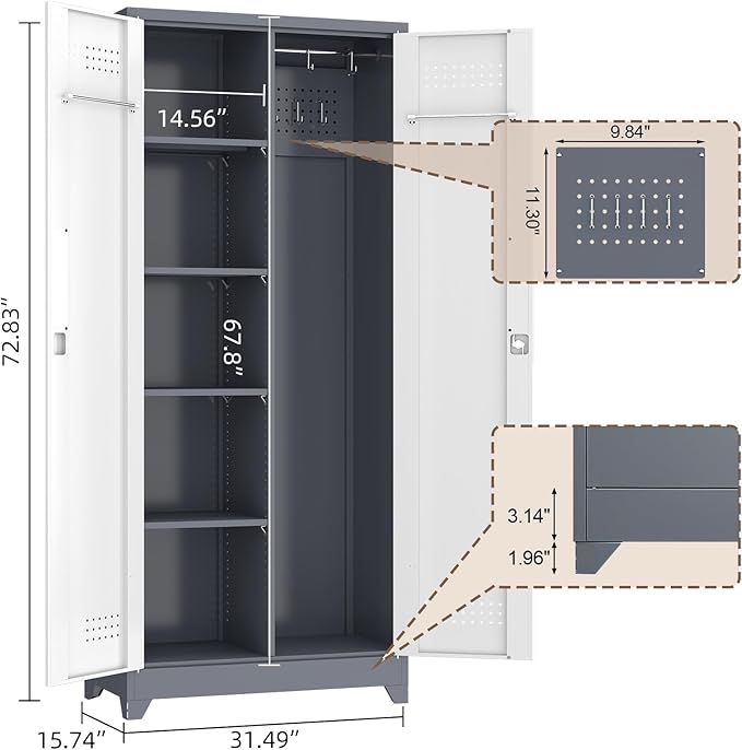 GREATMEET 72.8" Broom Storage Cabinet, Utility Cabinets for Brooms and Mops, Metal Storage Cabinets for Cleaning Supplies, Utility Closet for Garage, Grey&White