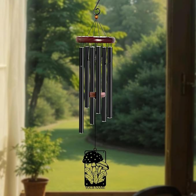 Personalized Customize Name Fantasy Mushroom Wonderland Wind Chime, Metal Iron 37 Inch Outdoor Memorial Gift for Garden Yard Patio Home Decor, Black (Style J)