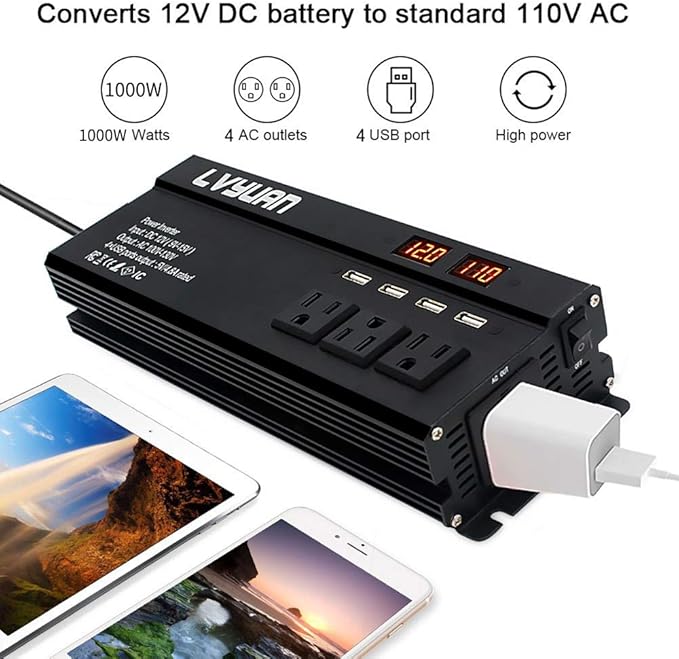 Yinleader Power Inverter 1000Watts Inverter 12V DC to 110V AC Car Converter w/Display 4 AC Outlets 4 USB Port and Cigarette Lighter for Vehicles Laptop Emergency,conversor 12v a 110 carro Inversor