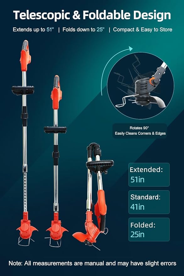 Cordless String Trimmer, Weed Wacker, Nylon Trimmer Head as Its Core Cutting Accessory, Telescopic Shaft and Foldable, 2 x Batteries, String Trimmer Cordless for Lawn, Garden and Yard, Red