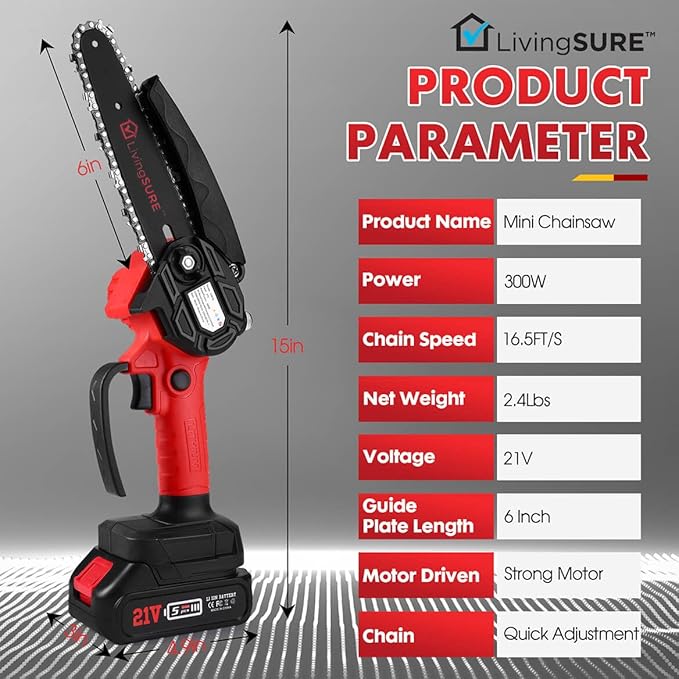 LivingSURE Mini Cordless Rechargeable Chainsaw Kit – 21V Handheld Electric Saw with 2 Batteries, Safety Features & Accessories – Lightweight 6" Bar for Tree Trimming, Firewood & Garden DIY Tasks
