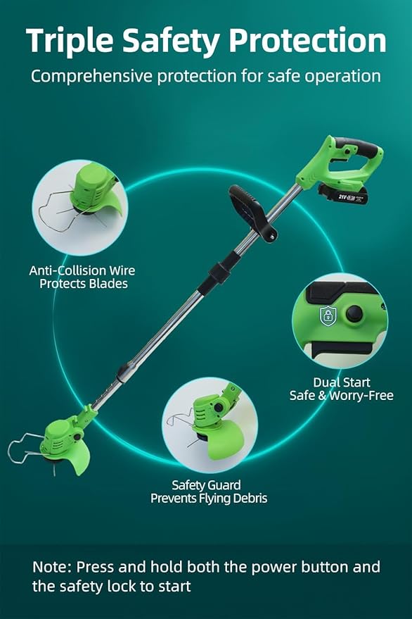 Cordless String Trimmer, Weed Wacker, Nylon Trimmer Head as Its Core Cutting Accessory, Telescopic Shaft and Foldable, 2 x Batteries, String Trimmer Cordless for Lawn, Garden and Yard, Green