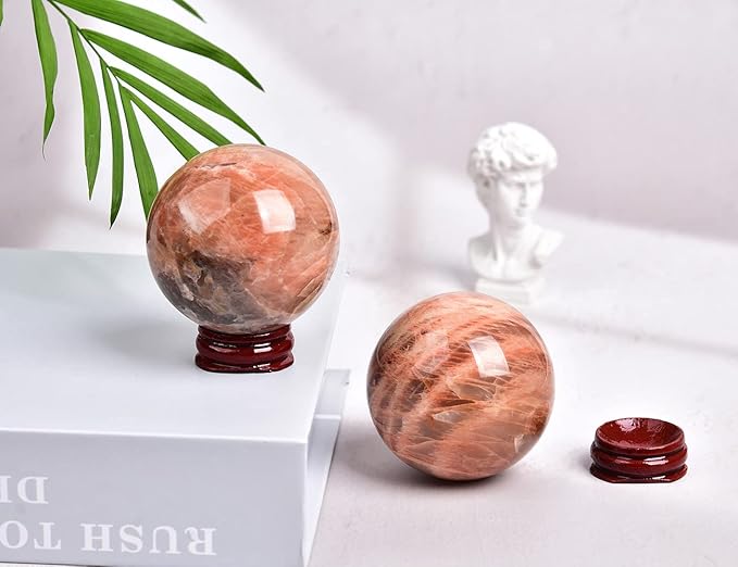 JIC Gem Orange Moonstone Crystal Ball Healing Crystals Sphere with Decorative Wooden Stand 2-2.3 inch (50-60mm)