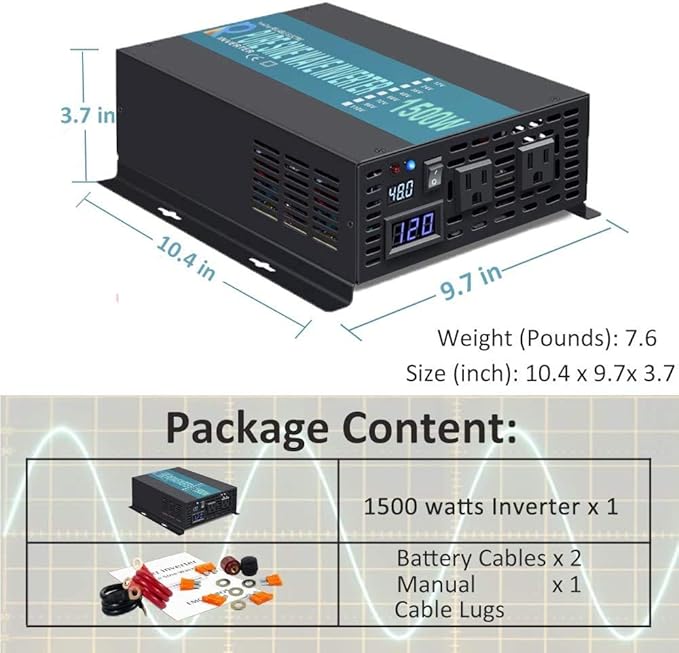 WZRELB 1500W 48V 120V Pure Sine Wave Power Inverter with 2 AC Outlets,Car Inverter