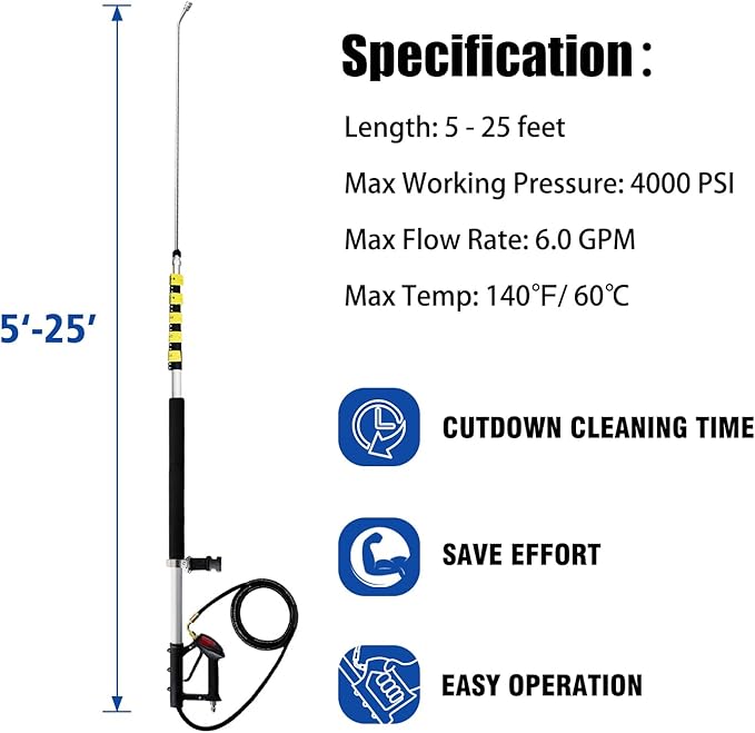 RAYNEL 25FT Telescoping Pressure Washer Extension Wand with Brush Head,2 Power Washer Extension Wands, Gutter Cleaner Attachment,7 Spray Nozzle Tips,Support Belt and 2 Hose Adapters