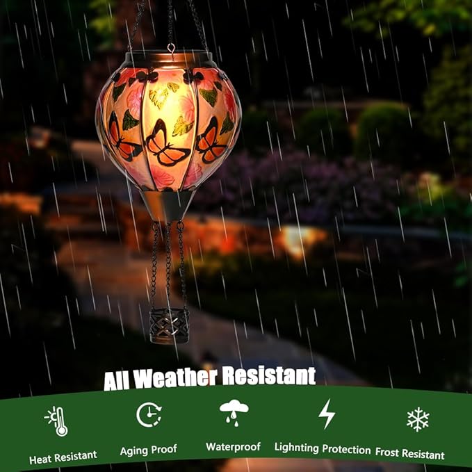 Hot Air Balloon Solar Lantern - Butterfly Stained Glass Lantern, Simulated Flickering & Dancing Flame, Outdoor Hanging Yard Light Waterproof IP65 for Patio Lawn Porch Decor Gift
