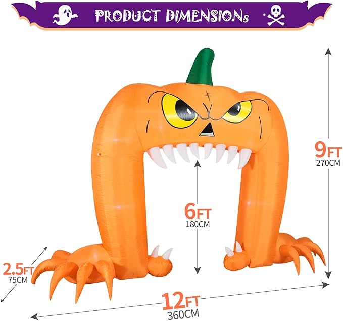 DomKom Halloween Inflatable Blow Up Decorations, 12FT Long 9FT Tall Spooky Pumpkin Archway, Built-in LEDs for Holiday Party, Garden, Lawn, Yard, Patio Décor