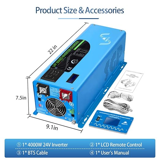 SUNGOLDPOWER 4000W DC 24V Peak 12000W Inverter Charger Pure Sine Wave, AC 120V with 50A Battery AC Charger, LCD Remote Control, Low Frequency Inverter, for Home, Camper, Truck