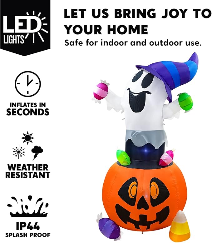 Joiedomi 5 FT Tall Halloween Inflatable Ghost Outdoor Decor, Blow Up Ghost Gripping Candy on Pumpkin with LED Lights, Halloween Yard Decoration for Garden