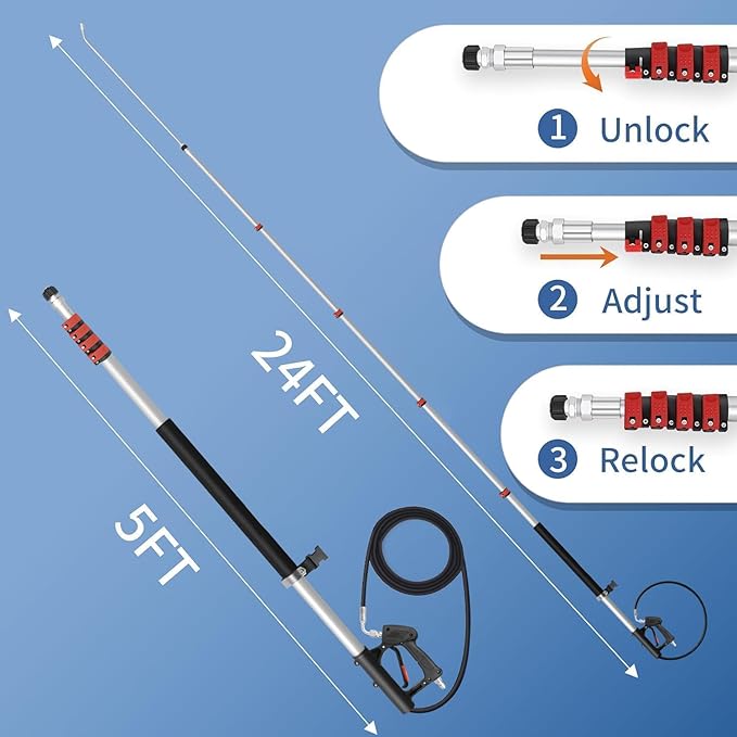 24FT Telescoping Pressure Washer Wand Kit - 2 Extension Poles, Gutter Cleaner, Brush, Pivoting Coupler & 7 Nozzles for Roof, Deck, Vehicle, Sidings