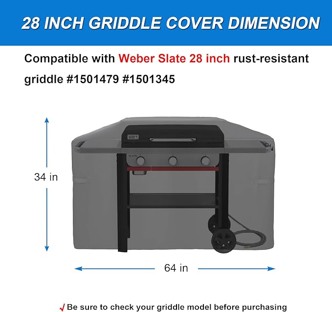 Grill Cover for Weber 28" Slate Rust-Resistant Griddle, Webber 28 in Griddle 3 Burner Flat Top Gas Grill Cover Waterproof Heavy Duty Accessories, Black