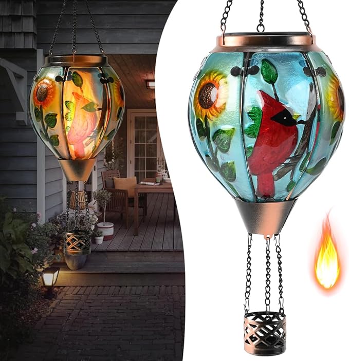Hot Air Balloon Solar Lantern - Cardinal Bird Glass Lantern, Simulated Flickering & Dancing Flame, Outdoor Hanging Yard Light Waterproof IP65 for Patio Lawn Porch Decor Gift