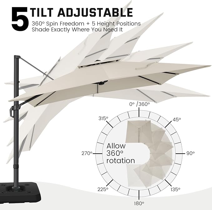 Hotime 10ft Cantilever Patio Umbrella Outdoor Heavy Duty Double Top Windproof Aluminum Offset Umbrella with 360°Rotation for Pool Garden Deck, Beige