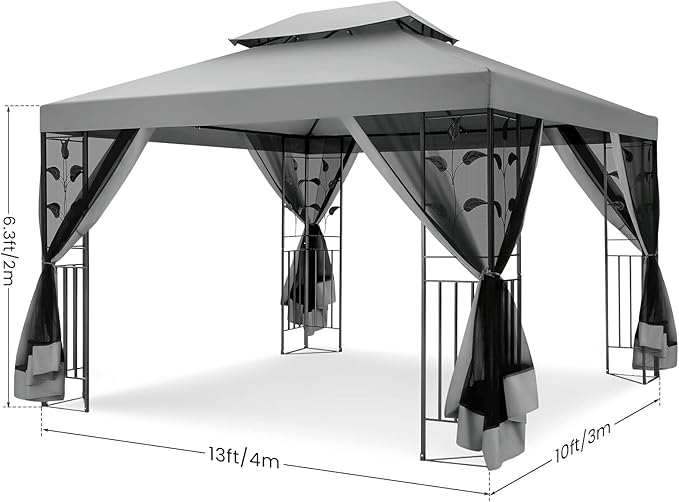 COBIZI Gazebo 10x13 Heavy Duty Gazebos with Improved Nettings Outdoor Gazebo Double Roof Patio Gazebos with Metal Steel Frame Outdoor Canopy for Patio,Garden, Backyard (Gray)