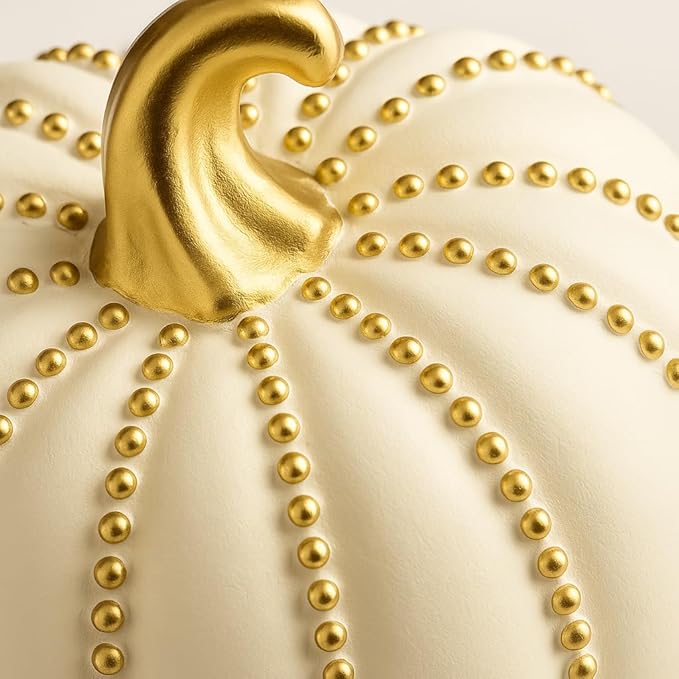 iStatue Set of 2 Decorative Pumpkins – Elegant Beaded Resin Fall Decorations, Thanksgiving Table Centerpiece, Autumn Home Decor, Glam Farmhouse Style (White)