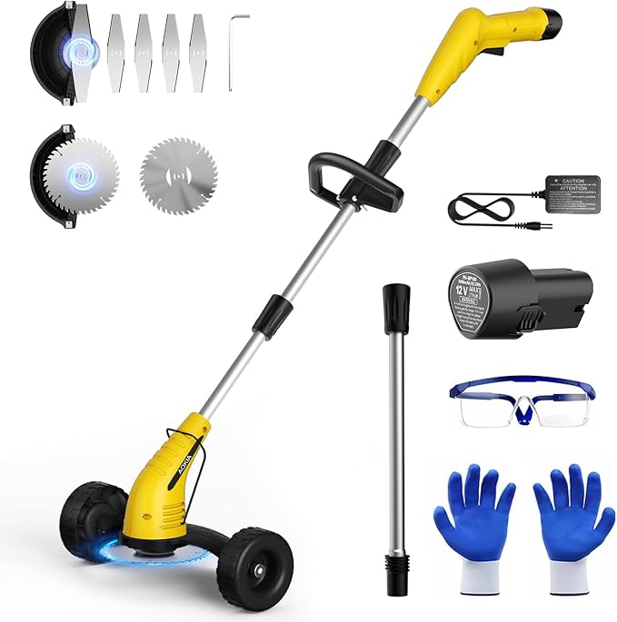 Aokia Weed Wacker Cordless for Lawn: Grass Mower with Roller - 2.0Ah Battery Powered for Hedge Clearance Yard Cutting Tree - String Trimmers for Garden Cutter Handyman Landscaper
