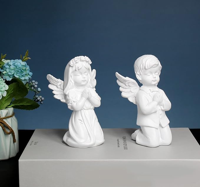 YUEOECOR 2PCS Cherubs Angels Resin Garden Statue Figurine, Adorable Angel Sculpture Memorial Statue Indoor Outdoor Home Garden Decoration (A 2PCS White)