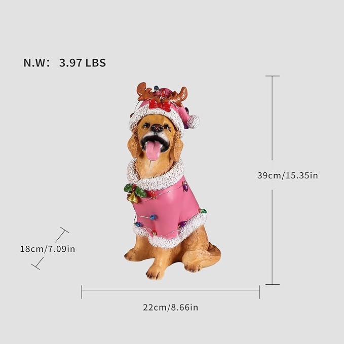 Christmas Outdoor Decoration Dog Statue, LED Light Cute Golden Retriever Dog Sculpture with Pink Santa Outfit & Lights for Garden and Yard, Indoor Holiday Décor Gift for mom and dad