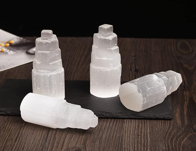 JIC Gem 4Pcs Selenite Tower Skyscraper Healing Crystal Stone Reiki Meditation Positive Energy 4 Inch
