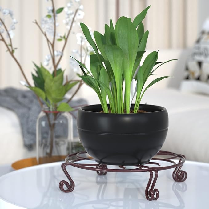 Yimobra Original Patented Plant Stand for Flower Pot Heavy Duty Potted Holder Indoor Outdoor, Metal Rustproof Iron Garden Container Round Supports Rack for Planter, Brown, 10.2 Inches