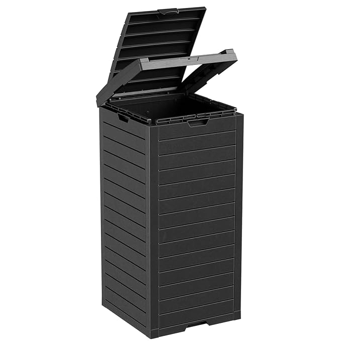Outdoor Trash Can with Lid, Outdoor Trash Bin & Pull-Out Liquid Drawer, Dual Lid Closure Design, Waterproof Resin Garbage Can Container for Patio, Backyard, Deck (Black, 31 Gallon)