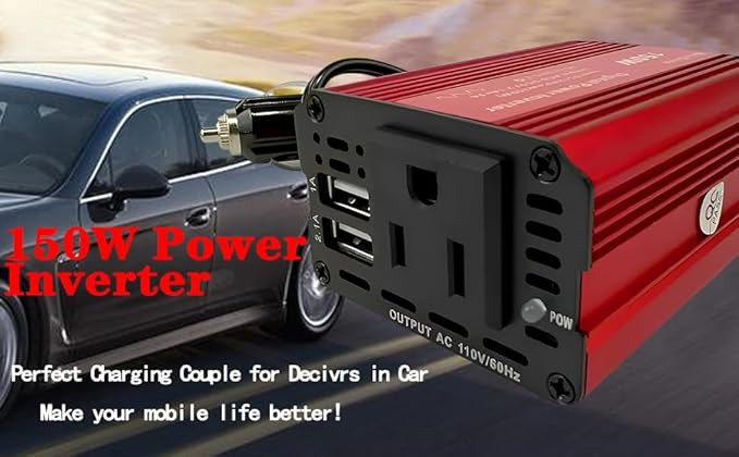 150W red car Power Inverter Converter Plug Adapter 12V to 110V 3.1A Dual USB Outlet for Travel Camping Outdoor All Smartphones Road Trips with Fast Charging