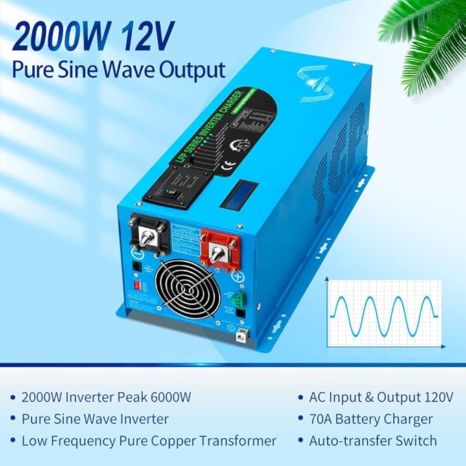2000W DC 12V Peak 6000W Pure Sine Wave Inverter Charger Upgrade, AC 120V with 70A Battery AC Charger LCD Display Remote Control, Low Frequency Inverter, for RV, Camper, Home