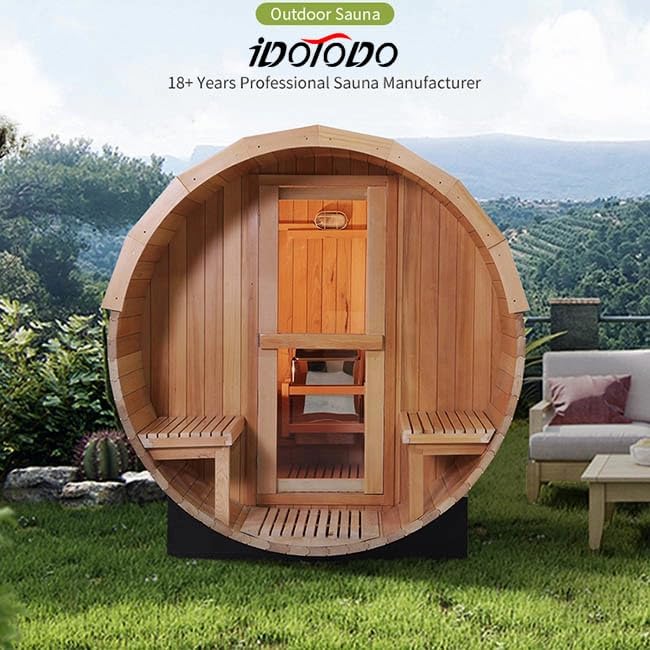 Outdoor Barrel Sauna, 6 Person Wood Steam Sauna Room with Porch, 6kw Toule Electric Heater with Sauna Stone, Canadian Red Ceder, Sauna Accessories, Roof, 94.48”*70.86“*70.86“ (Red Ceder)
