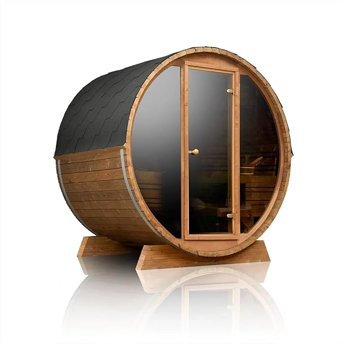 Outdoor Wooden Full Glass Door Barrel Sauna, 4 Person Sauna Room 220V， 6kw ETL Electric Heater， Accessories and Asphalt Shingle Roof (Cedar) (Cedar, 1)