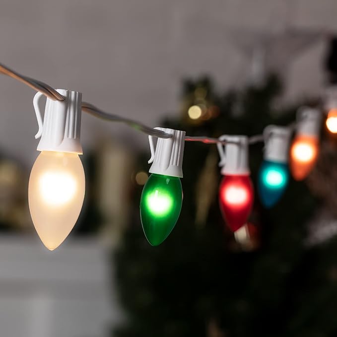 Minetom C9 String Lights Outdoor Christmas Lights 25 Feet Frosted Multi-Colored for Patio Room Christmas Tree Party Backyard Decoration White Wire