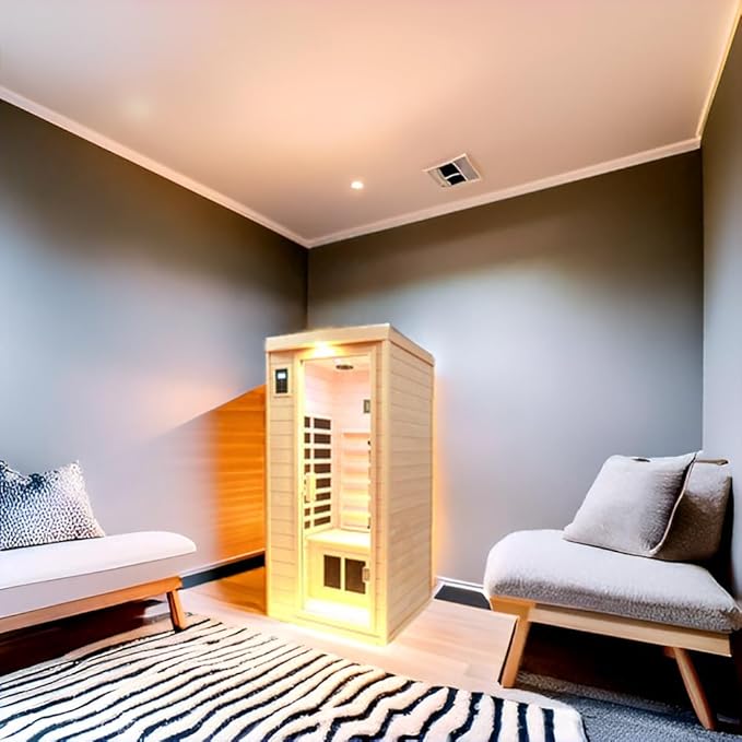 Ceramic Infrared Sauna 1 Person, Low EMF FAR Infrared Indoor Sauna for Home, 1300w Canadian Hemlock Wood Saunas with 6 Heating Panels, Blue-Tooth Control, LCD Display, LED Reading Lamp