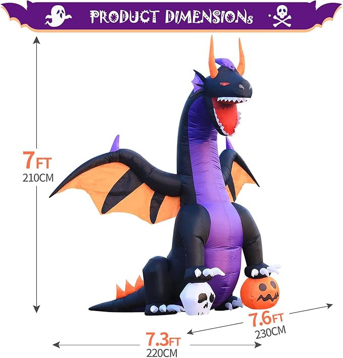 DomKom Halloween Inflatable Blow Up Decorations, 7FT Dragon Steps on Pumpkin and Skull, Built-in LEDs for Holiday Party, Garden, Lawn, Yard, Patio Décor