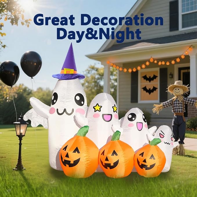 GARIG 7.2FT Halloween Inflatables Outdoor Decorations Ghost and Pumpkin Build-in LEDs Lights Blow Up Yard Decorations for Garden Lawn Indoor Party Holiday Decor