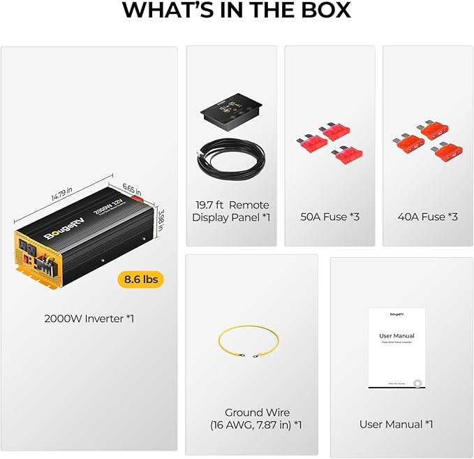 BougeRV 2000W Pure Sine Wave Inverter Convert 12V DC to 120V /110V AC, Fully 2000W Output, Built-in BT for BougeRV APP, Wired Remote Controller, Off-Grid Solar System, RV, Backup Power