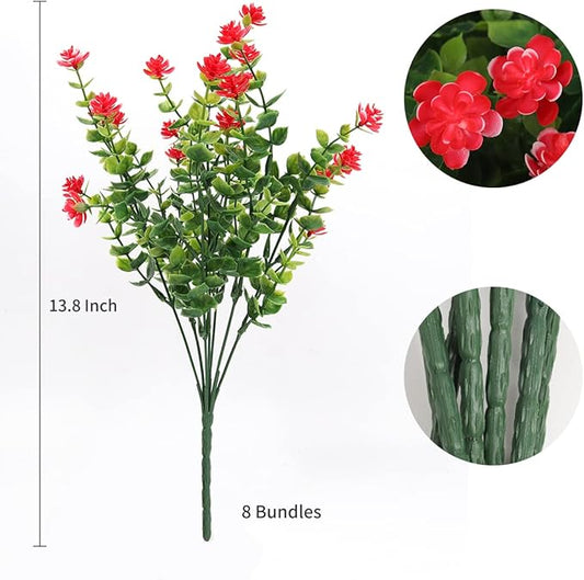 RECUTMS 12 Bundles Artificial Plants Artificial Eucalyptus Front Porch Decor Faux Spring Flowers, Fake Indoor Outdoor Greenery for Wedding Party Home Garden Fireplace Décor(Red)