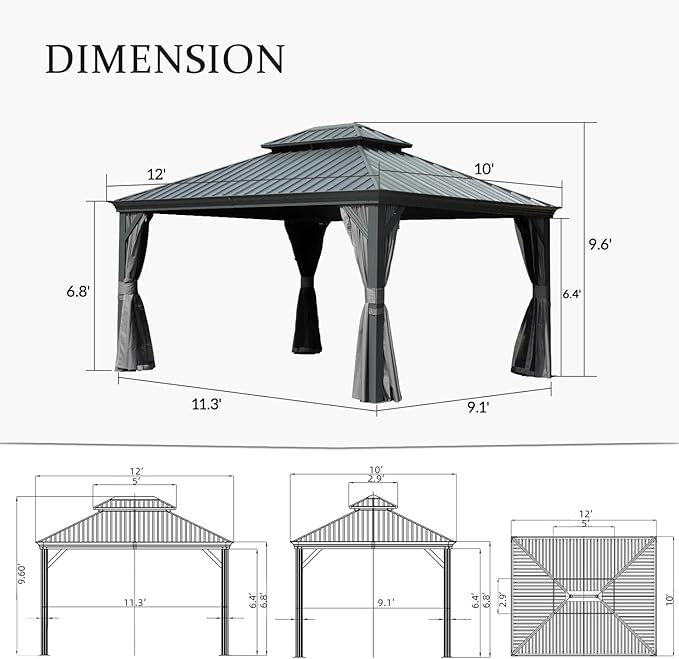 Domi 10'x12' Hardtop Gazebo Canopy,Outdoor Aluminum Gazebo with Galvanized Steel Double Roof,Curtain and Netting Included,Grey