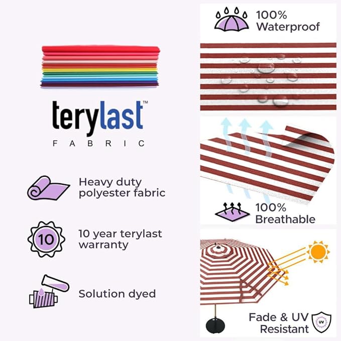 Midtown Umbrellas The Swilt 8 Feet Patio Umbrella in Terylast Red Stripes (Red/White) Polyester Fabric - Fiberglass Ribs, Auto-Tilt Aluminum Frame For Backyard, Deck, Garden, Pool - White Pole