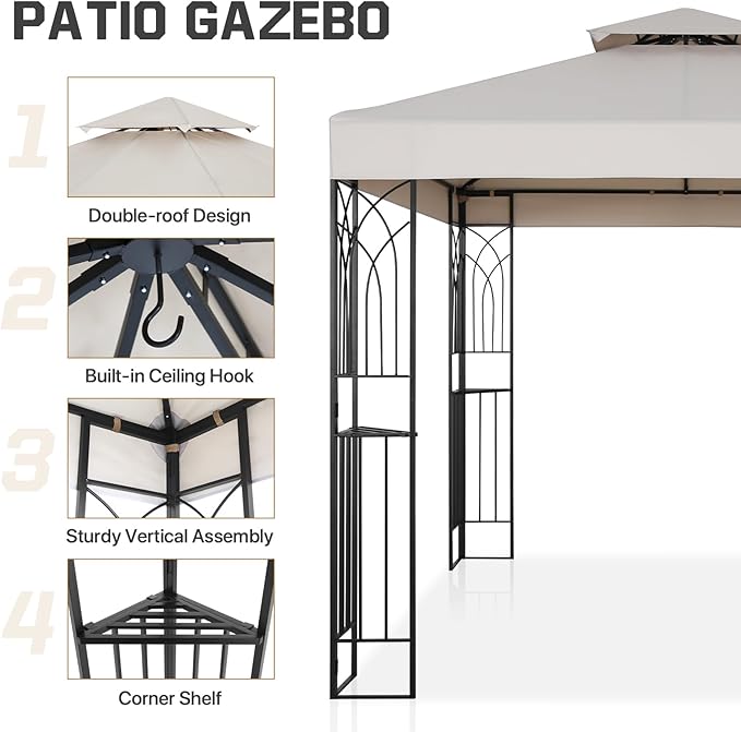 COOS BAY 8x8 Outdoor Patio Gazebo with Corner Shelves, Two-Tier Soft Top Canopy for Backyard, Lawn, Deck and Garden, Beige