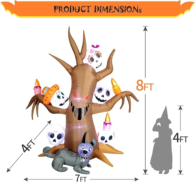 DomKom Tree Halloween Inflatable Blow Up Decorations, Dia de Los Muertos 8FT Day of The Dead Spooky Tree with Catrina Skull and Hairless Dog, Built-in LEDs for Holiday, Garden Lawn Yard Patio Décor