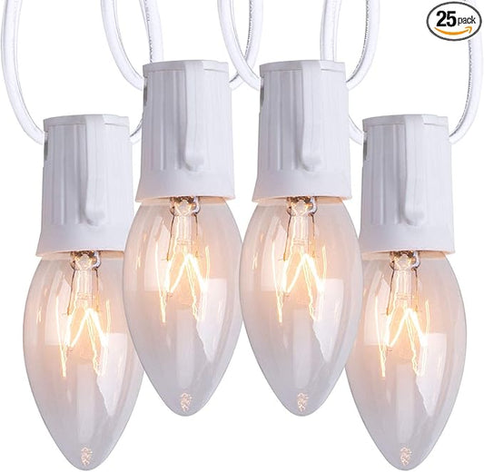 Minetom C9 Clear Christmas String Lights, 25FT 25 Blubs Bright & Warm Outdoor Christmas Lights, Long Life C9 String Lights for Tree Patio Gazebo Wreath, White Wire