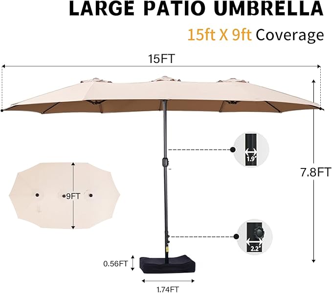 15ft Large Patio Umbrellas with Base Included, Outdoor Double-Sided Rectangle Market Umbrella with Stand, Outside Umbrellas for Poolside Lawn Backyard