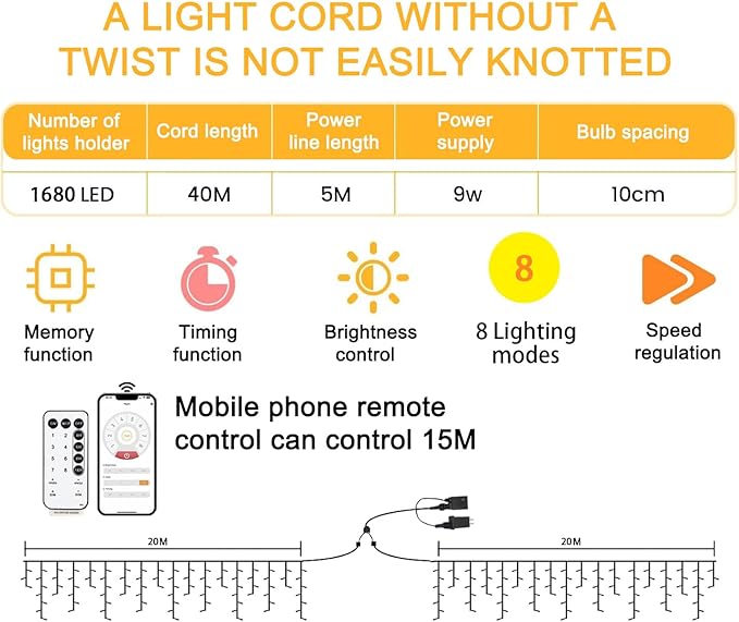 131ft Christmas Lights Outdoor, 1680 LED Waterproof 8 Modes String Light with App and Remote Control for Outside House Roof Decorations Indoor Decor-Warm White