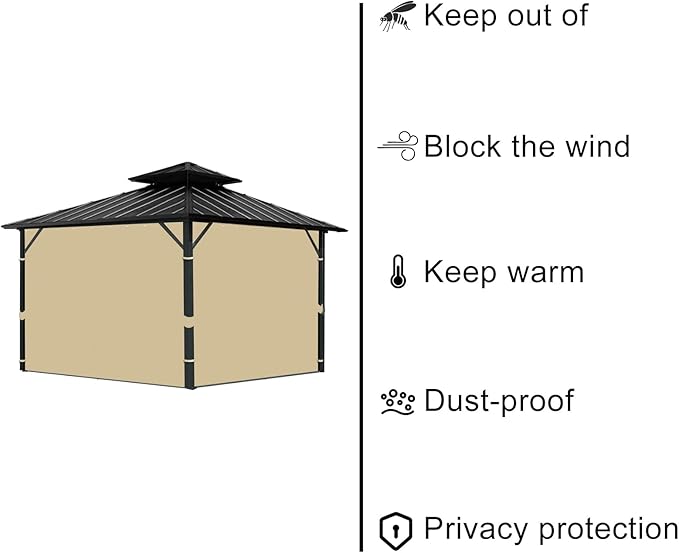 Gazebo Universal Replacement Privacy Curtain, 12'X12' Gazebo Curtains Outdoor Waterproof, 4-Panels Sidewall with Zipper for Patio, Garden and Backyard (Only Curtains, 12'X12', Khaki)