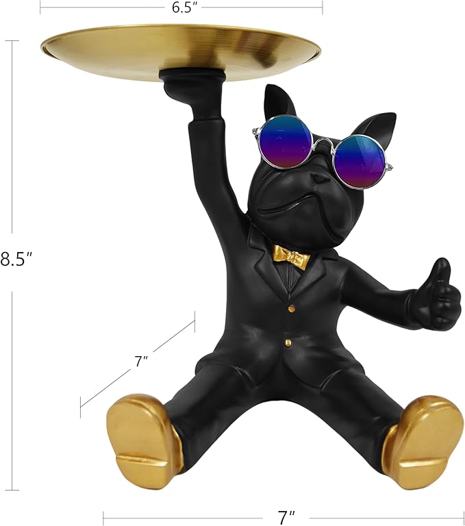 French Bulldog Tray Statue, Black Frenchie Sculpture with Gold Tray for Entrance Coffee Table Décor, Dog Key Holder Jewelry Trays