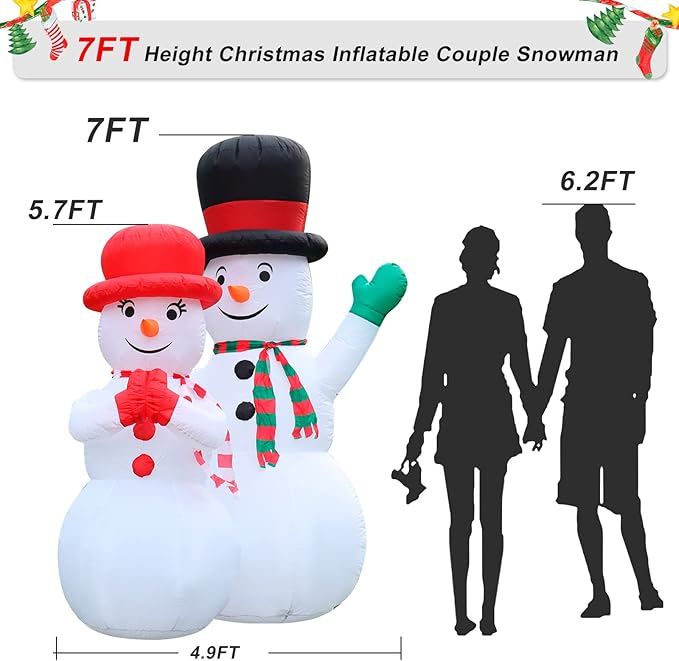 FirstE 7 FT Inflatables Snowman, St Patrick's Giant Blow Up Snowman Couple Built-in Rotating Colorful LED Light, Wear Magic Hats and Striped Scarfs, Decor for Outdoor, Yard, Lawn