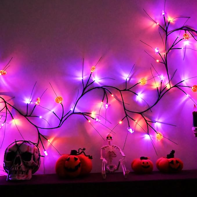 Halloween Decor Lights 8.8 Ft 72 LED Willow Vine Twig with Timer Battery Operated Garland Light 12 LED Pumpkin 12 LED Bats and 48 Lights Halloween Party Decoration for Home Wall Fireplace