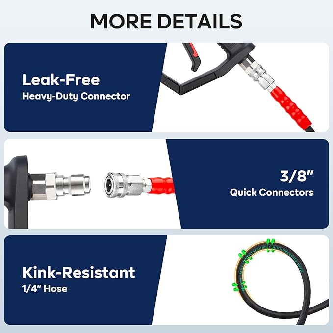 3/8" Pressure Washer Hose 50FT 4800PSI, with M22 14 mm to 3/8 Inch Quick Connect, Kink Resistant Industry Grade Steel Wire Braided Synthetic Rubber Jacket with 2 M22 14mm Adapter Set