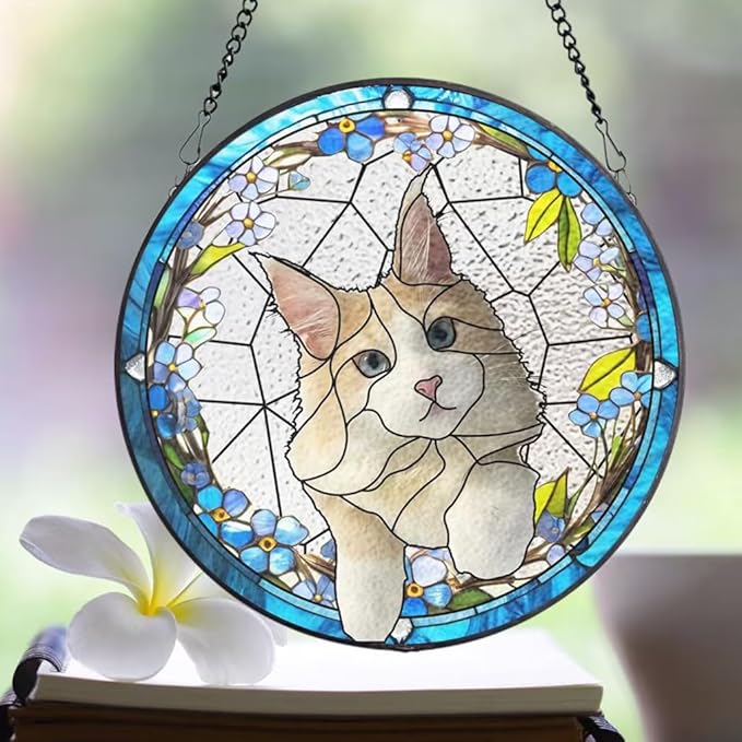 Custom Cat Portrait Stained Glass Window Hanging Light Catcher, Pet Memorial Stained Glass Photo, Cat Memorial Gift Pet Loss Gift
